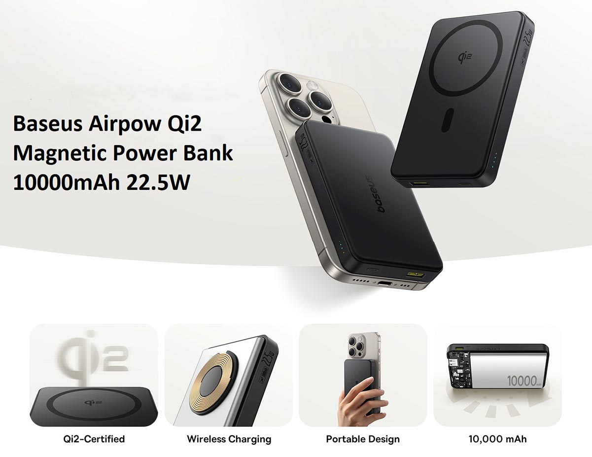 پاوربانک وایرلس مگنتی بیسوس Airpow Qi2 10000mAh 22.5W مدل PPWPQ10-20